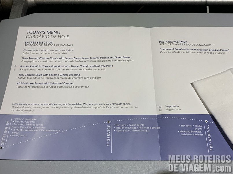 Cardápio do voo na Delta Airlines