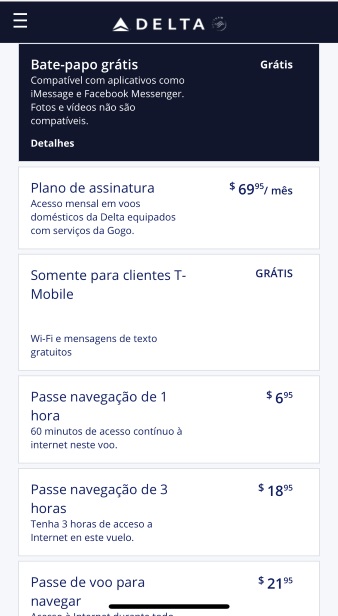 Valores da internet a bordo da Delta